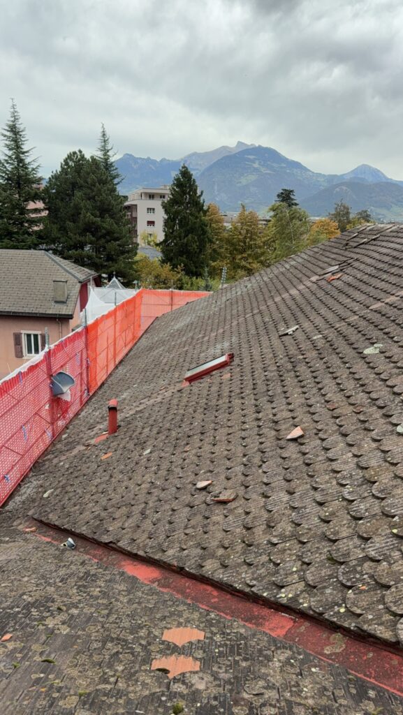 Toiture en tuiles avant démontage, échafaudage de protection
